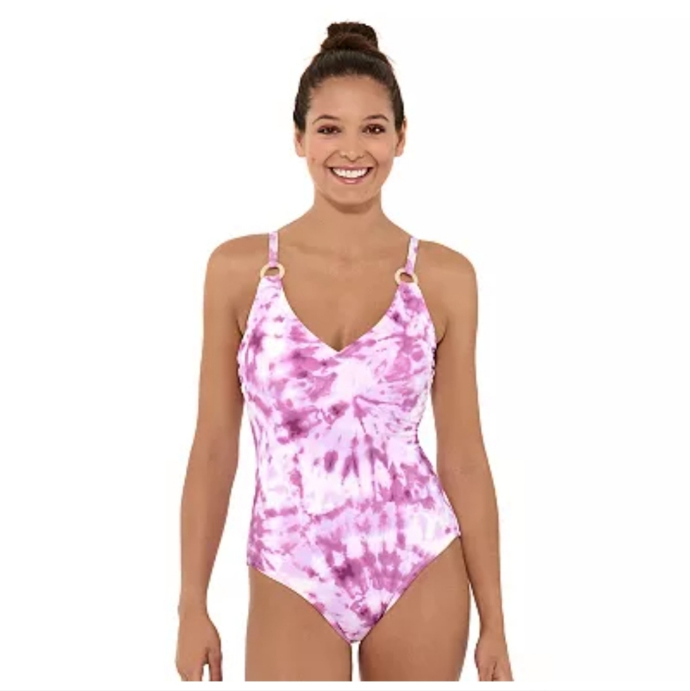 Freshwater TieDye V-neck O-ring one piece Swimsuit in purple/white size M
